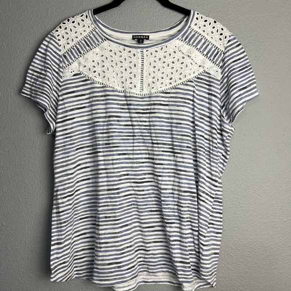 Hannah Striped Coastal Nautical T-Shirt with Eyelet Detail Top Casual Tee Sz XL - Picture 1 of 8